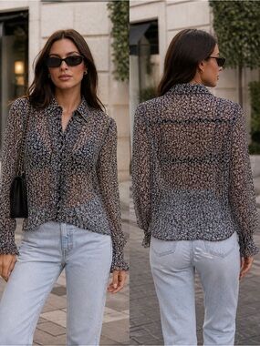 CHANEL CC logo Sheer Floral Circle Print Blouse size 38
